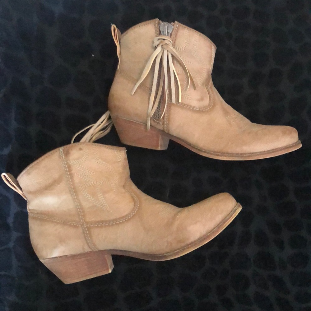 Tan booties with fringe
